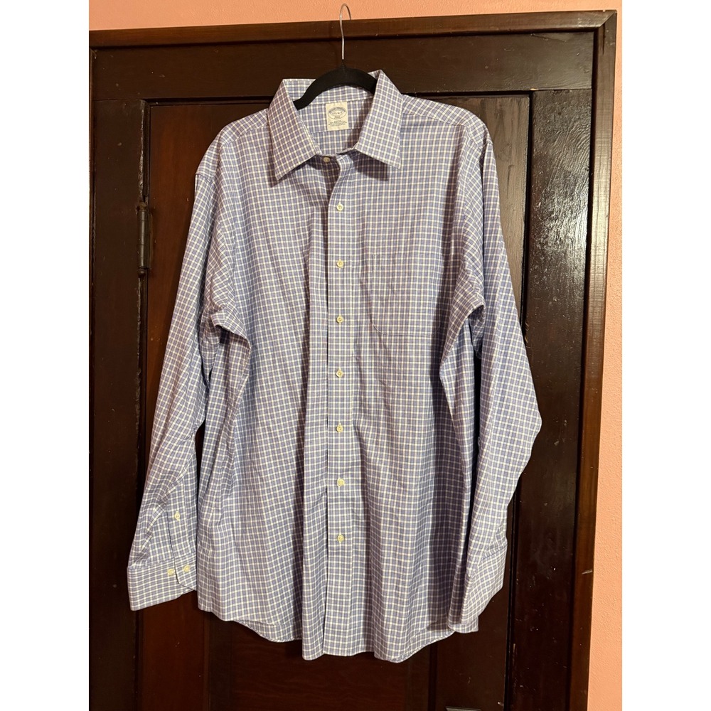 Brooks Brothers 346 Mens Slim Fit Noniron Stretch Dress Shirt Blue Check 17.5 36